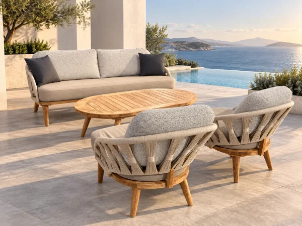Kelebek Teak Oturma Grubu, kanepe, iki tekli koltuk ve oval sehpayla modern terasta