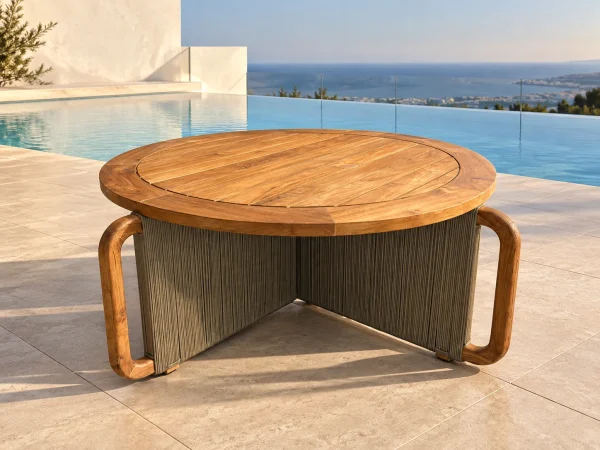 LİORA yuvarlak teak sehpa, ahşap tabla ve ip örgülü açılı destekler