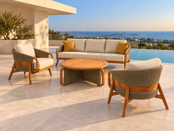 LİORA Teak Oturma Grubu, kırık beyaz minderler ve hardal kırlentlerle modern havuzlu terasta