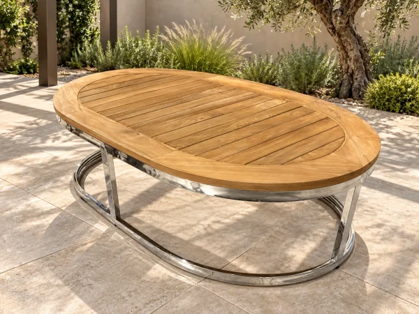 Maren oval teak sehpa, çıtalı ahşap tabla ve açık metal tabanıyla