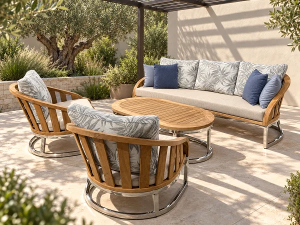Maren Teak Oturma Grubu, kanepe, iki koltuk ve oval sehpayla modern villa avlusunda