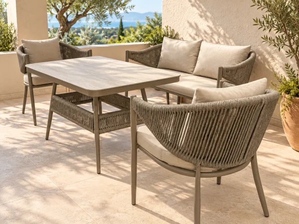 Raman Mini Balkon Takımı, ikili kanepe, iki tekli koltuk ve yüksek masasıyla balkon terasında